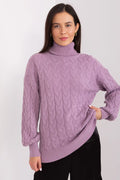 Pull col roulé torsadé pour femme, texture écossaise, manches longues, couleur lilas, coupe ample, finitions côtelées, vêtement hivernal