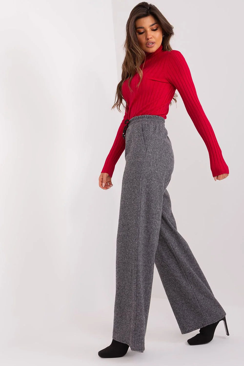 Pantalon femme Lakerta coupe large taille haute style chic tissu gris-noir matière coton élasthanne confortable occasion多种多様