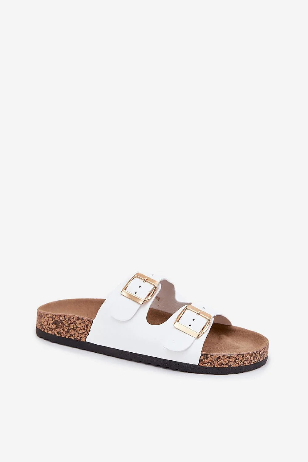 sandales femme modernes épurées triples lanières similicuir blanc liège semelle anatomique antidérapante boucles dorées ajustables confortables minimalistes élégantes