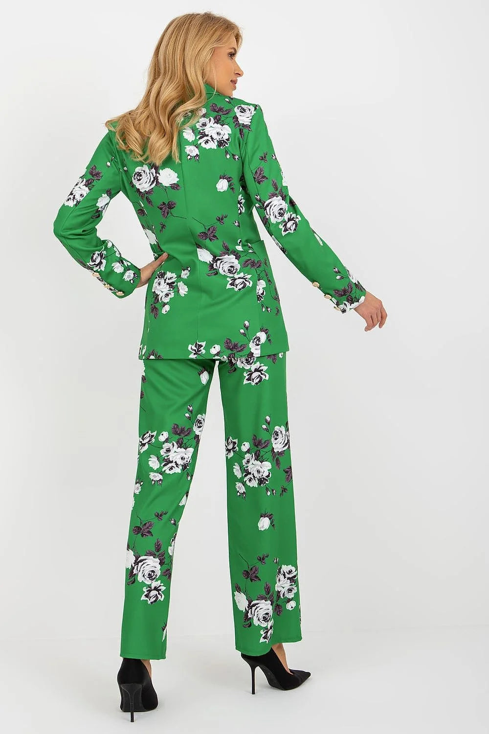 Costume tailleur femme veste pantalon bleu vif motifs floraux blancs brun élégant moderne occasion formelle professionnelle