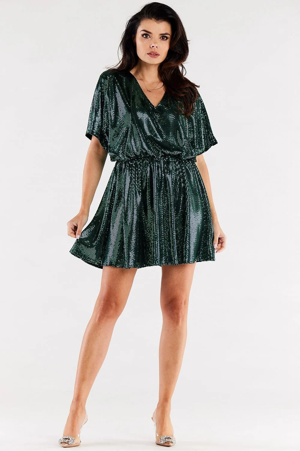 Robe de soirée élégante courte manches courtes décolleté en V paillettes vertes taille ajustable femme