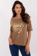 T-shirt femme décontracté moderne imprimé rose dorée marron clair manches courtes encolure légèrement dégagée