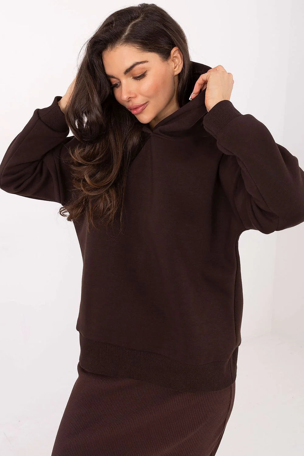 sweatshirt femme hoodie oversize marron chocolat uni coupe droite décontractée molleton épais capuche sans cordon manches longues doublure chaude coton