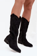 bottes cowboy femme suédine écologique noire mi mollet effet daim bout amande talon bas empilé tige froncée fermeture éclair latérale