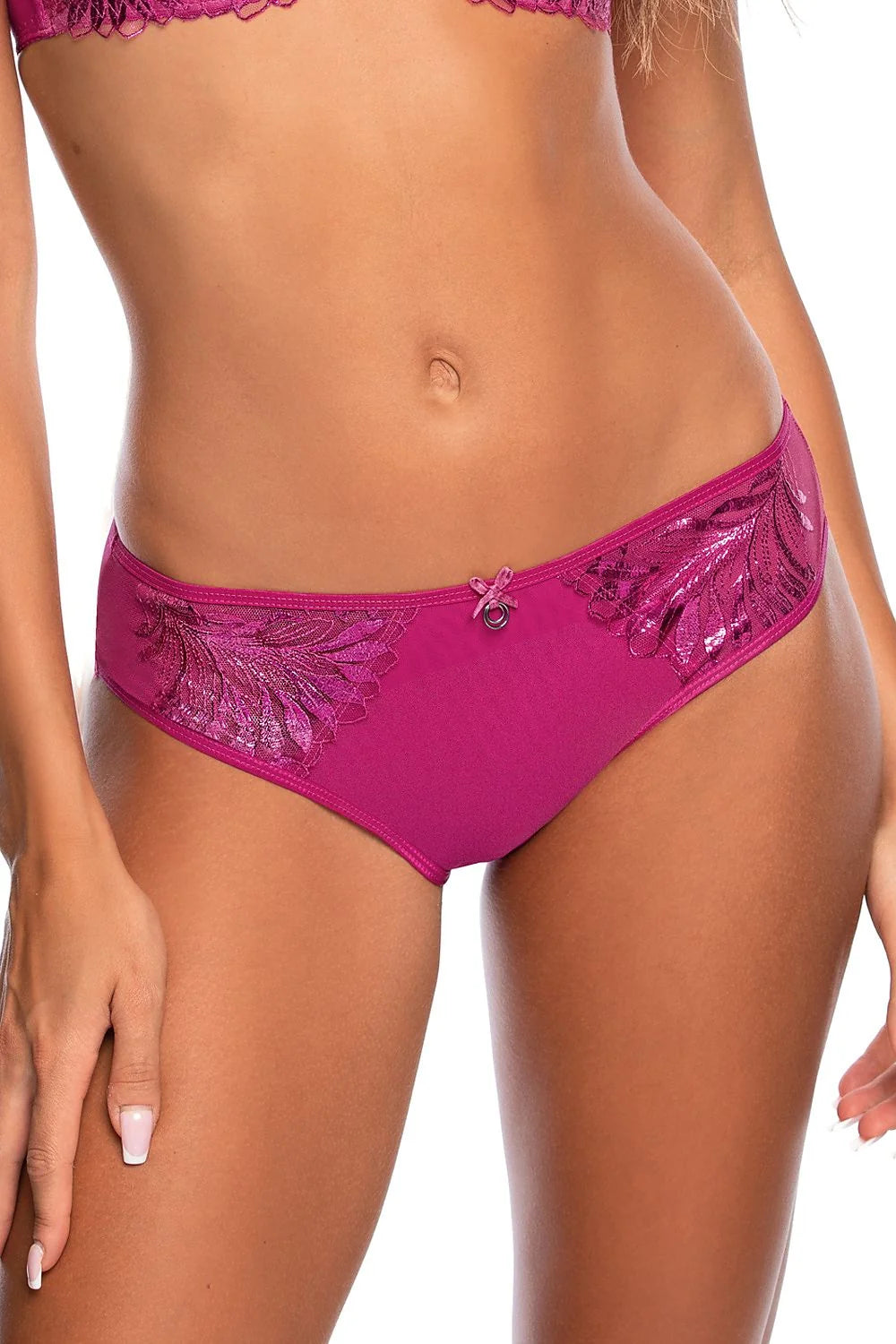 culotte bikini femme lingerie tulle fuchsia brodée florale fil métallisé satinée élasthanne polyamide taille basse ceinture fine nœud argenté