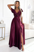 Robe longue élégante en satin couleur bordeaux manches courtes ceinture intégrée fente haute dos fermé fermeture éclair femme