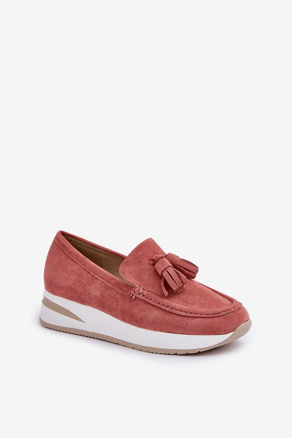 Mocassins pour femmes en suédine écologique style classique modernes tassels rose terre cuite confort plateau talon compensé