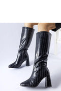Bottes hautes pour femmes design sophistiqué cuir verni noir embossé imitation crocodile talon bloc modéré pointe légèrement pointue fermeture éclair latérale invisible