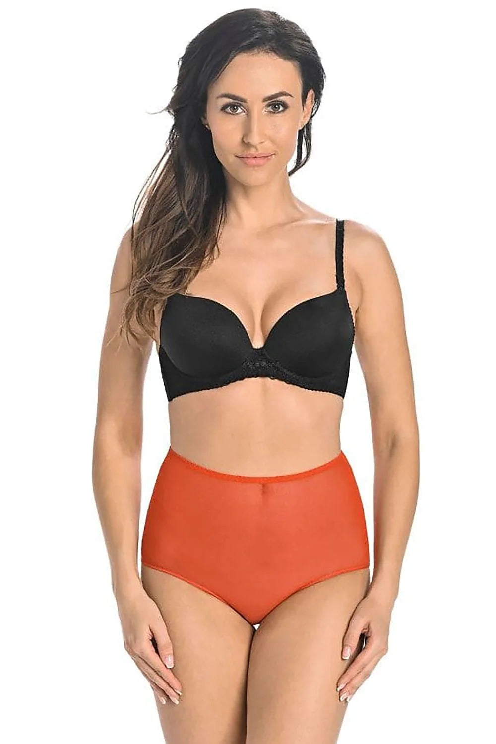 Ensemble de lingerie féminine haute qualité maille douce couleur noire et orange vif soutien-gorge classique culotte taille haute femmes