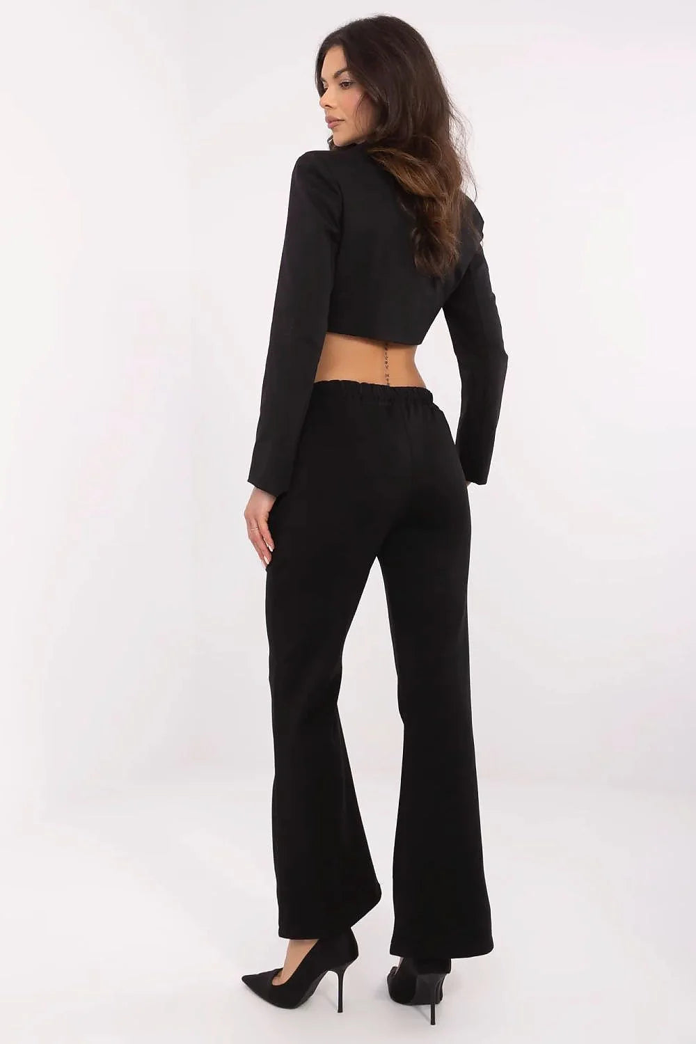 Blazer court Pantalon Italy Moda coupe évasée taille haute détails dorés noir haute qualité femme