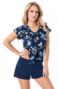 pyjama femme ensemble col V manches courtes imprimé floral bleu marine short taille élastique nœud satiné jersey coton doux