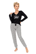 Pyjama femme confort élégance col V manches longues motif animal imprimé cœur Wild Love pantalon taille élastiquée nœud décoratif