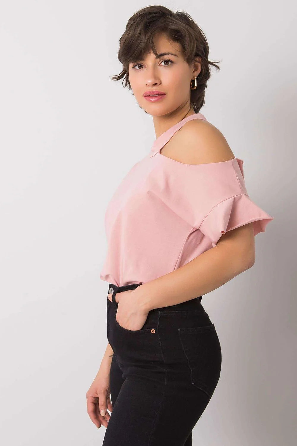 Blouse Fancy asymétrique pour femme, style cold shoulder, manches courtes, couleur rose vif, coton stretch, confortable, versatile, occasion多种