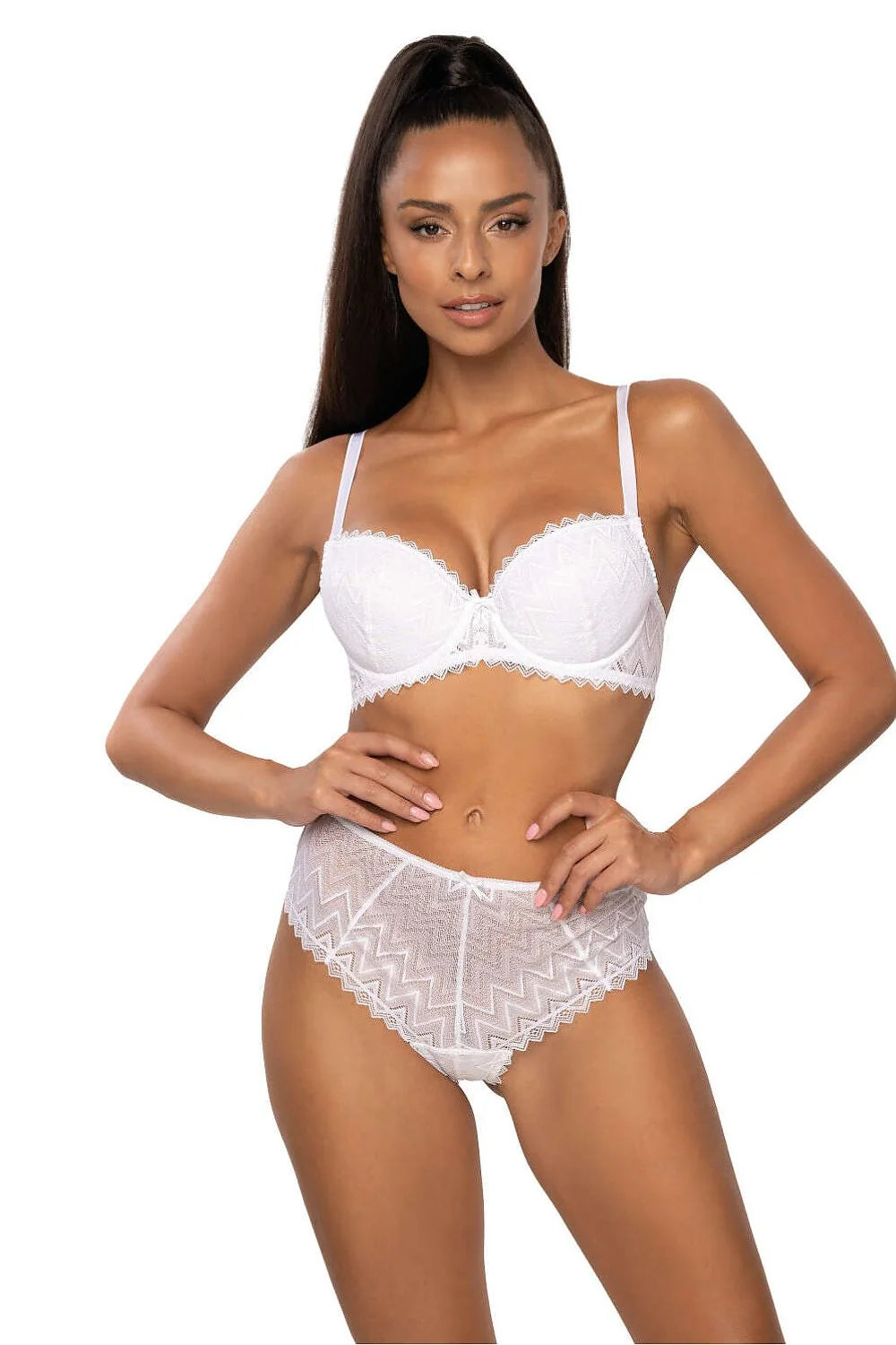Culotte féminine taille haute dentelle blanche motif zigzag nœud subtil confort élastique ajustement parfait femme
