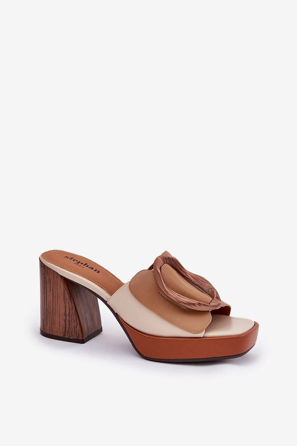mules femmes design contemporain audacieux plateforme talon haut robuste cuir synthétique dégradé beige marron imitation bois cercle décoratif semelle épaisse