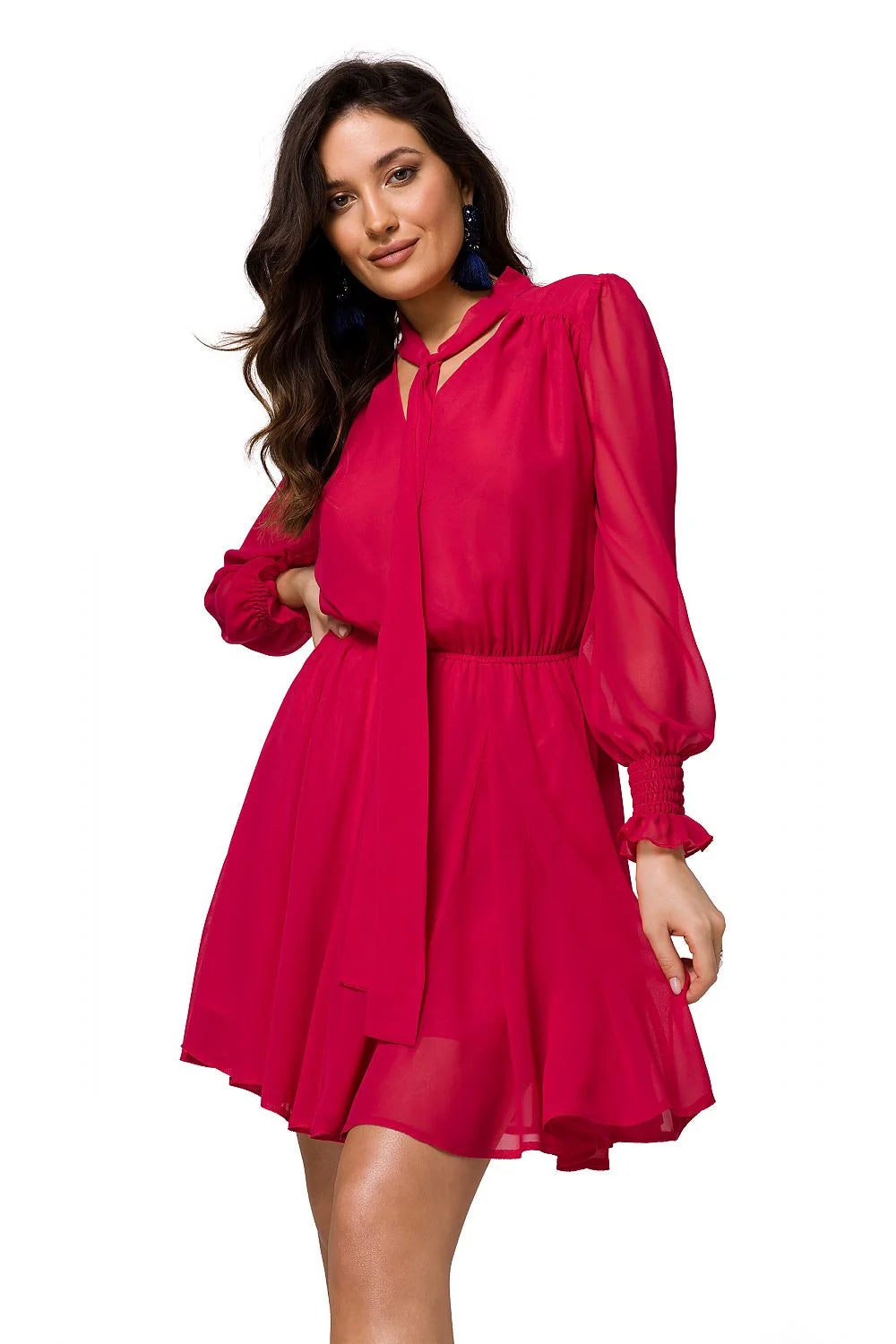 Robe cocktail élégante longueur mini manches longues col V ceinture nouée soiree femme polyester taille ajustable