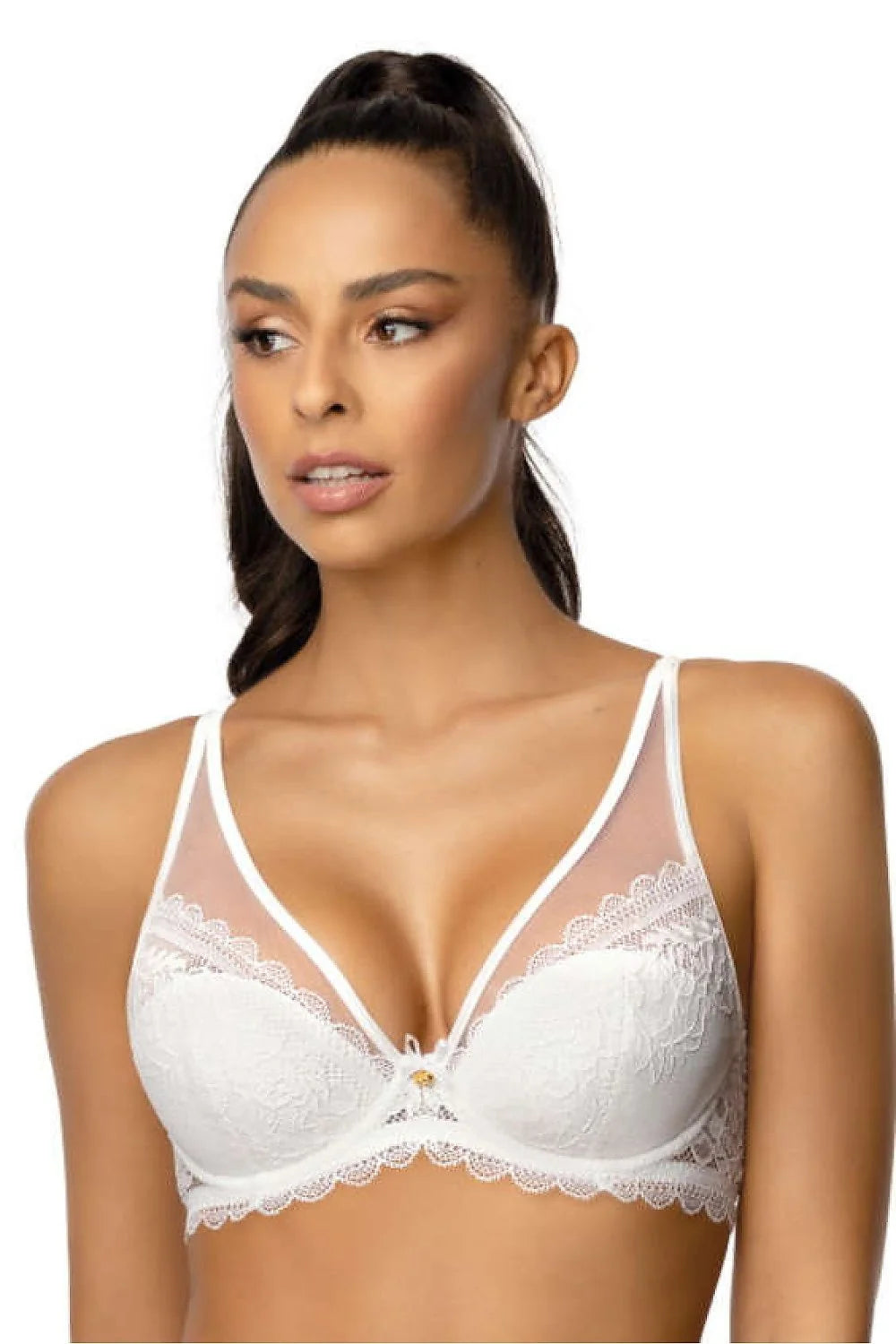 Soutien-gorge romantique à armatures dentelle floral tulle transparent blanc pur ajustables bretelles bijou doré lingerie élégante femmes