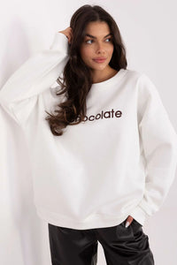 sweatshirt femme oversize col rond manches longues épaules tombantes blanc molleton épais broderie délicate lettrage marron chocolate imprimé