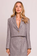 Veste élégante Moe courte taille haute tissu tweed gris blanc boutons dorés style intemporel femme