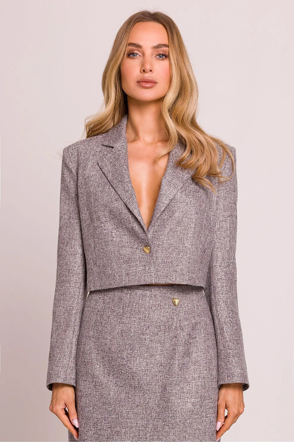 Veste élégante Moe courte taille haute tissu tweed gris blanc boutons dorés style intemporel femme