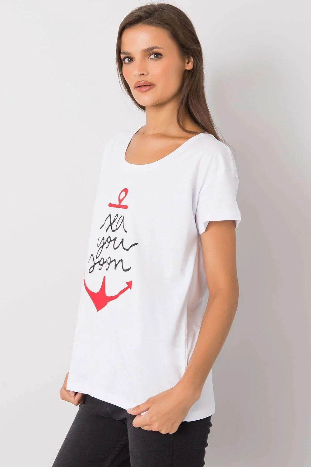 T-shirt pour femme design ancre 'sea you soon' vert menthe manches courtes col rond ajusté