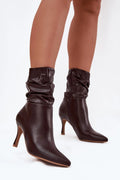 bottines femme talon 8 5 cm pointu mi cheville froncée effet cuir synthétique marron foncé semelle contrastée silhouette élégante moderne