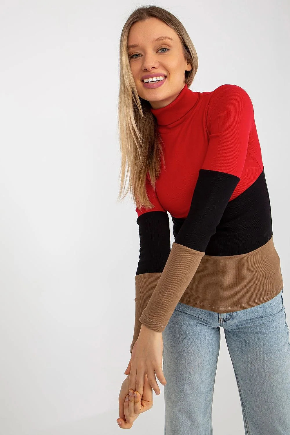 Pull col roulé multicolore maille côtelée coton élasthanne bleu rose vert ajusté manches longues ourlets nets design moderne