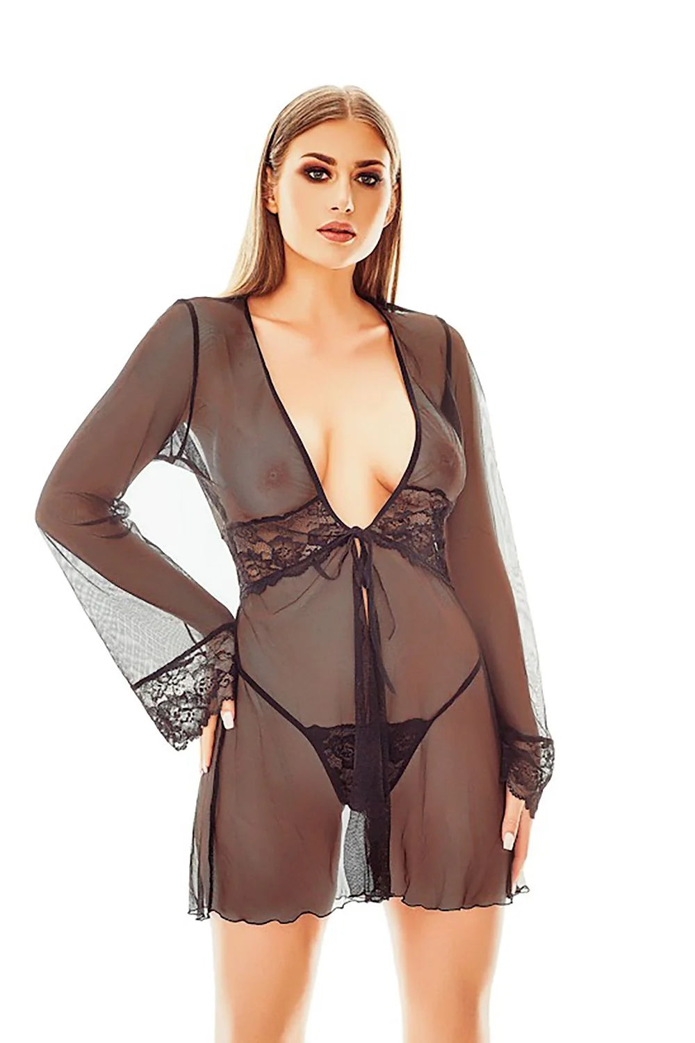 Robe de chambre dentelle noire manches longues décolleté profond élégante lingerie femmes occasion spéciale