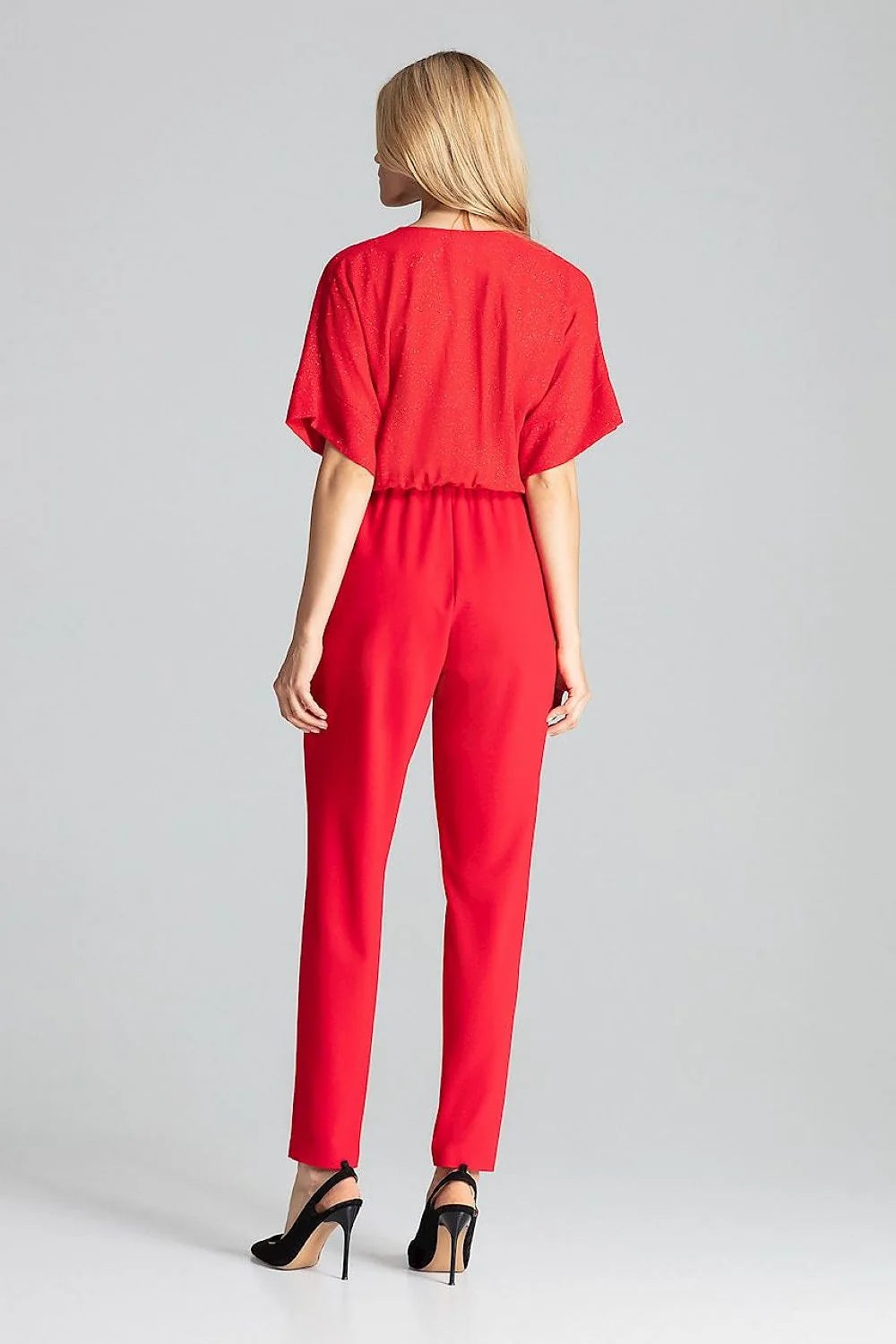 combinaison femme rouge vif cachecoeur manches kimono courtes taille elastique coupe fuselée longue fluide extensible élégante