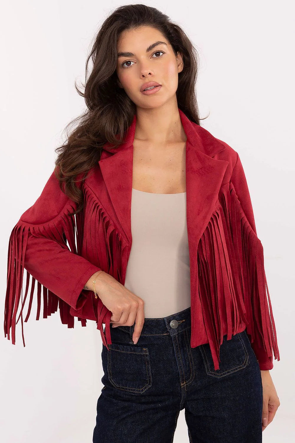 veste femme courte bordeaux suédine effet daim coupe boxy col tailleur revers manches longues franges lanières bohème western