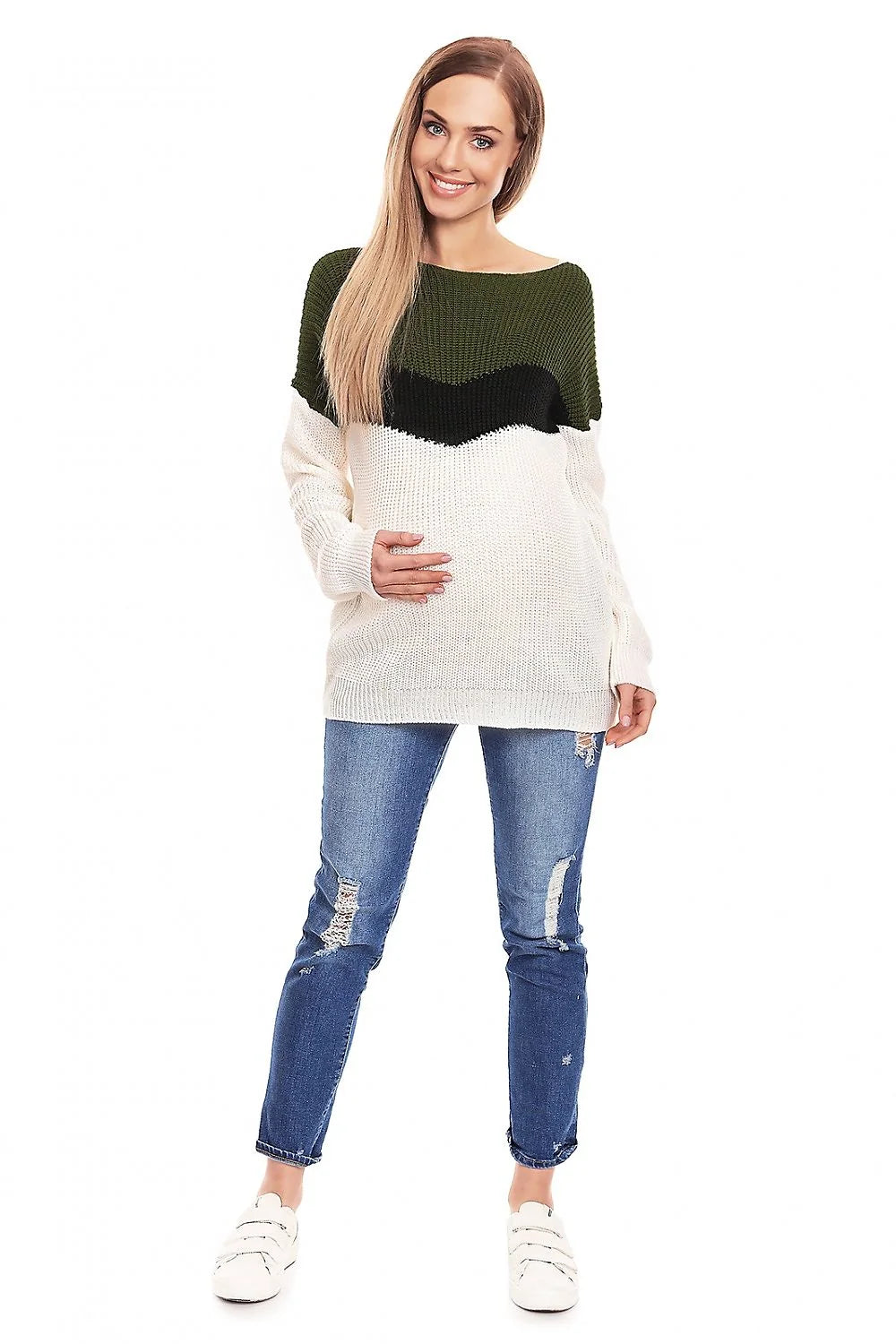 pull grossesse maternité oversize rayures horizontales colorblock bleu marine blanc gris clair col bateau manches longues maille épaisse