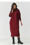 robe pull midi col montant manches longues oversize maille bordeaux viscose pbt nylon côtelée fentes latérales