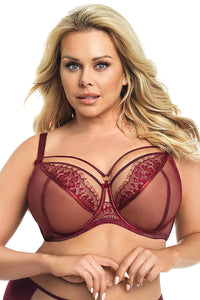 Soutien-gorge balconnet dentelle bordeaux sexy élégant broderies florales transparence féminine confort ajustable