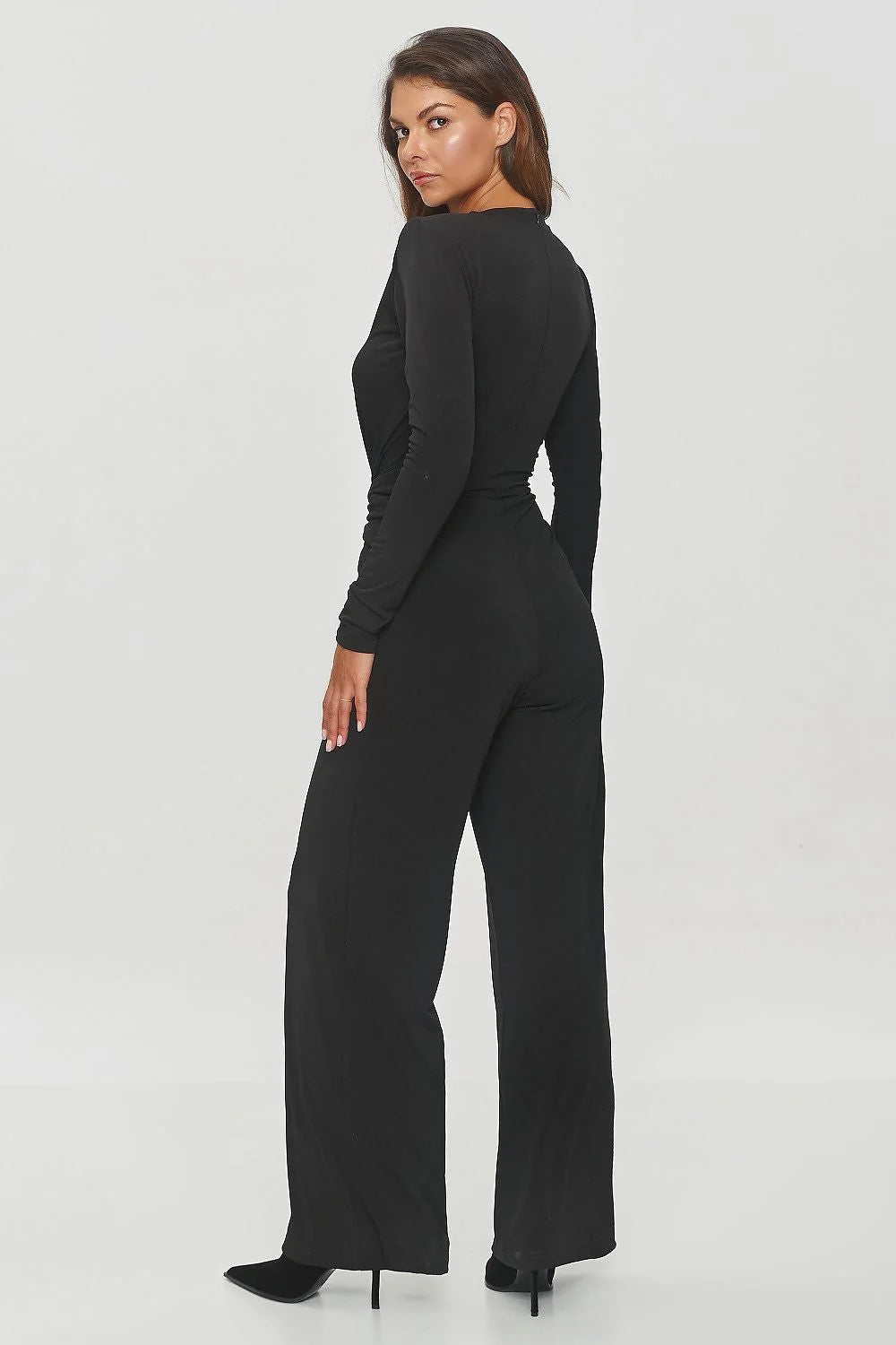 Combinaison élégante pour femme noire longues manches en V ceinture nouée tissu doux matière extensible style sophistiqué occasion formelle soirée