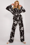 ensemble Lakerta chic floral noir chemise ample boutonnée manches longues ceinture intégrée pantalon taille haute large fluide viscose confortable sophistiqué