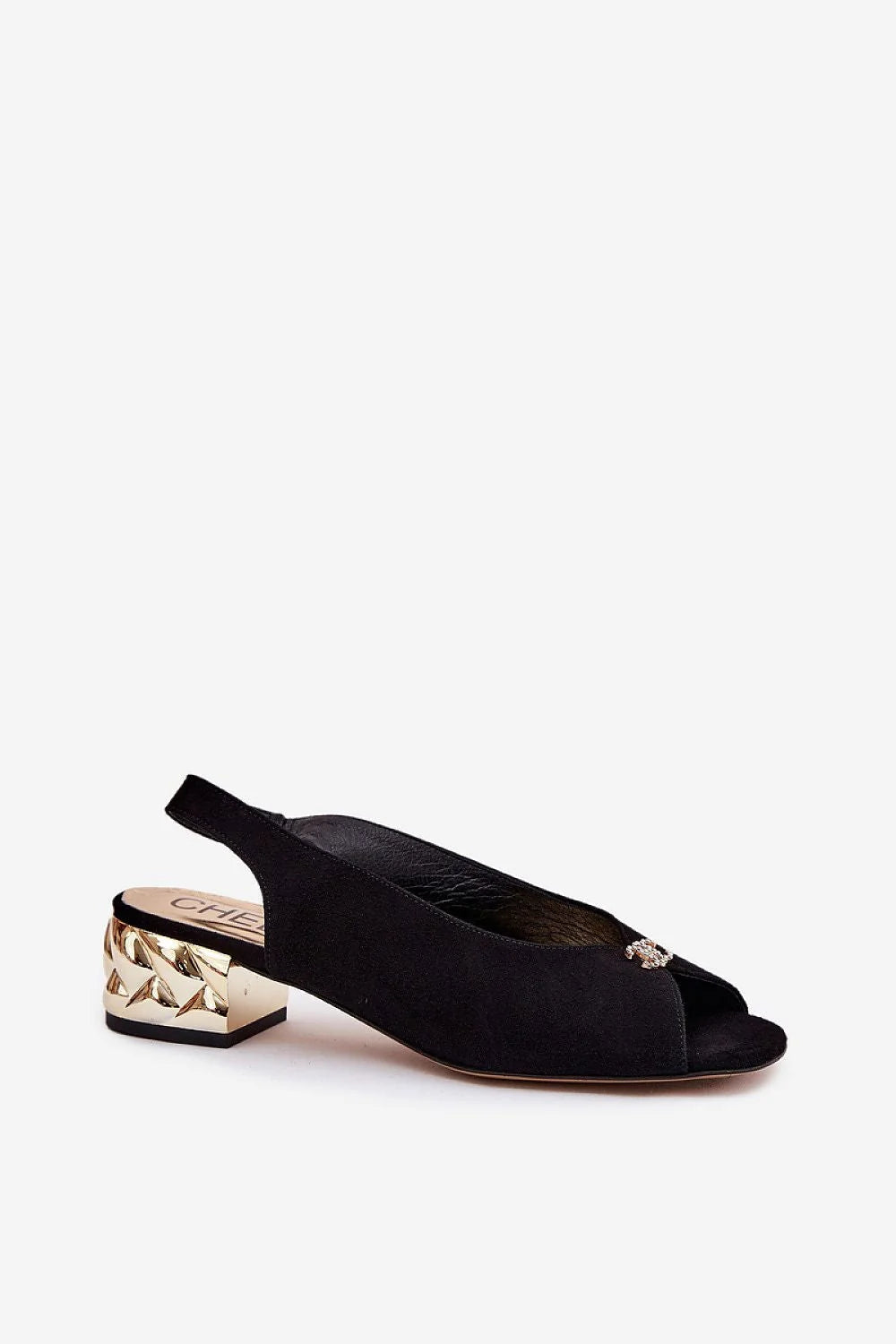 Sandales élégantes et raffinées cuir suédé naturel détails métalliques strass talon carré doré femmes