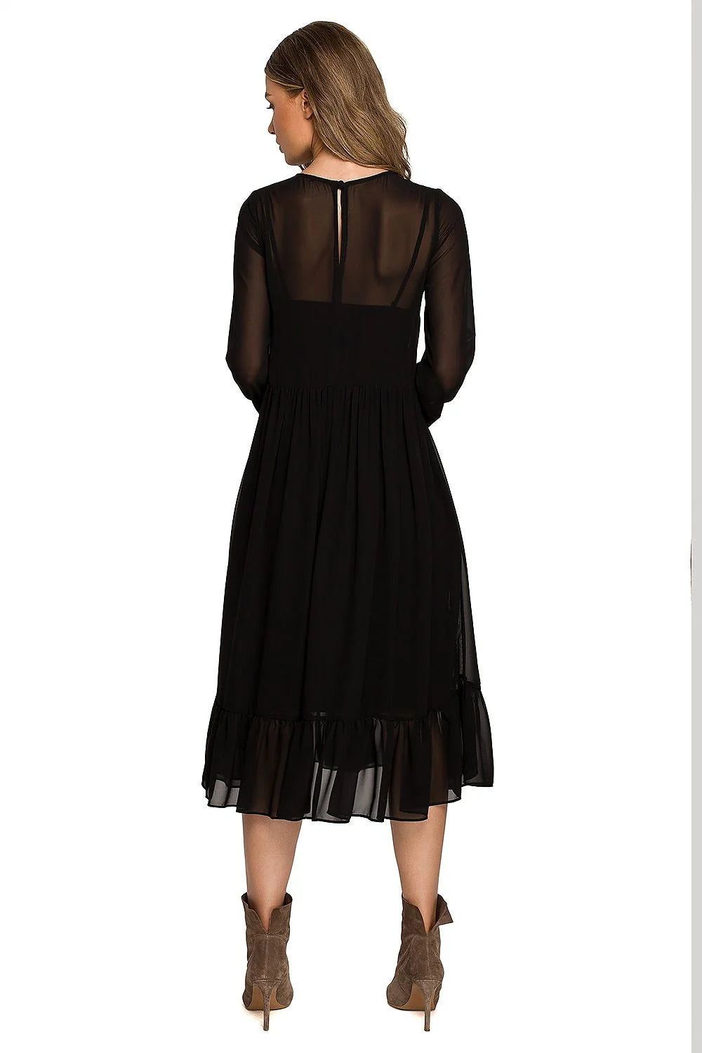 Robe de cocktail élégante en mousseline de soie manches larges taille haute volants femme