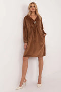 Robe de jour en velours Italy Moda à col en V profond, fronces, nœud papillon, manches longues bouffantes, finitions luxueuses pour femmes