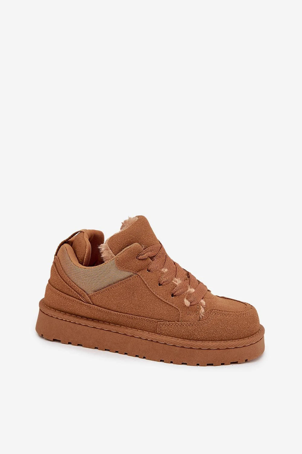 sneakers montantes femme suédine écologique cognac lacets col rembourré fausse fourrure apparente semelle plateforme crantée caoutchouc adhérence confort maintien chaud