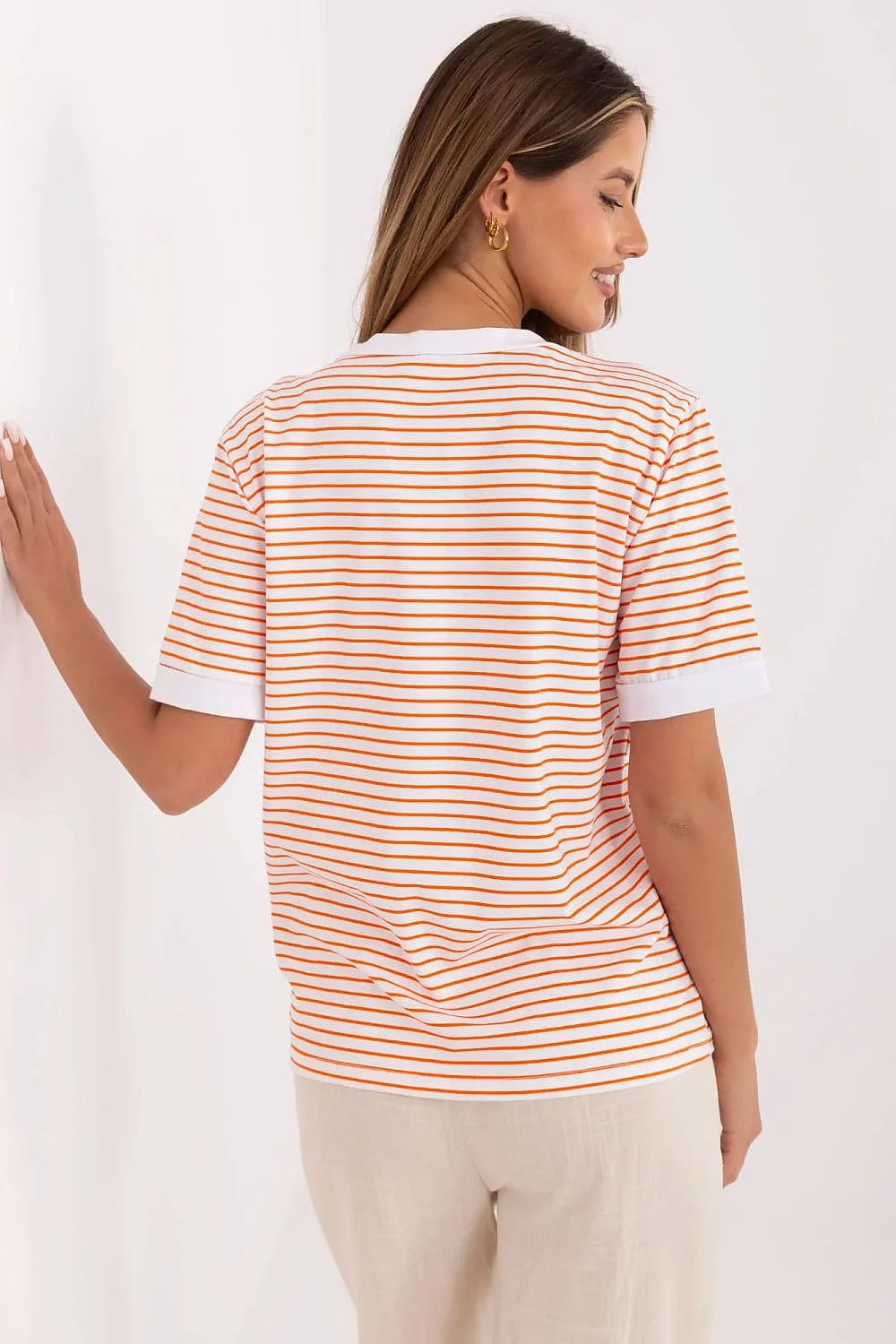 T-shirt femme été style décontracté motif citrons Dolce Vita rayures orange blanc