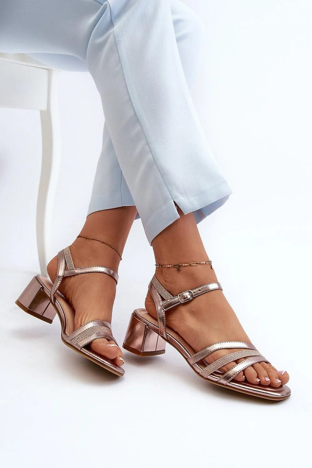 Sandales à talons Step in style en cuir artificiel rose doré pour femmes, style élégant, confortable, occasion estivale