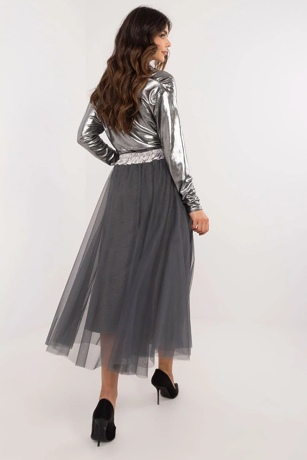 Robe longue moderne élégante robe femme haut métallisé argenté jupe large tulle transparent taille ajustable occasion formelle
