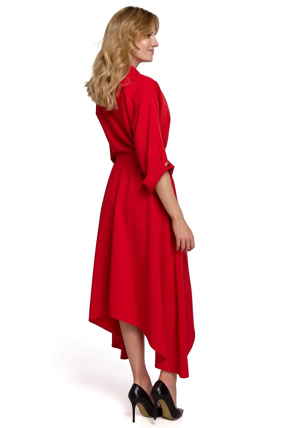 Robe noire asymétrique polyester chic moderne femme élégante manches longues boutons dorés urbain chic