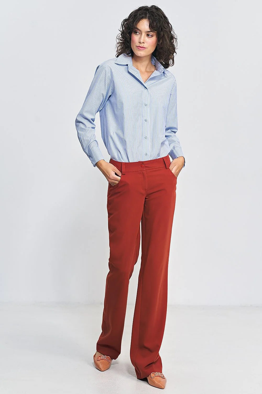 Pantalon long Nife élégant bootcut couleur terracotta taille mi-haute matière confortable femme office cérémonie