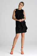 Robe de cocktail élégante sans manches volants verticaux noir profond polyester viscose taille ajustable femme