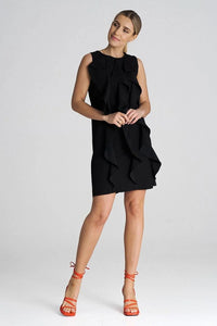Robe de cocktail élégante sans manches volants verticaux noir profond polyester viscose taille ajustable femme