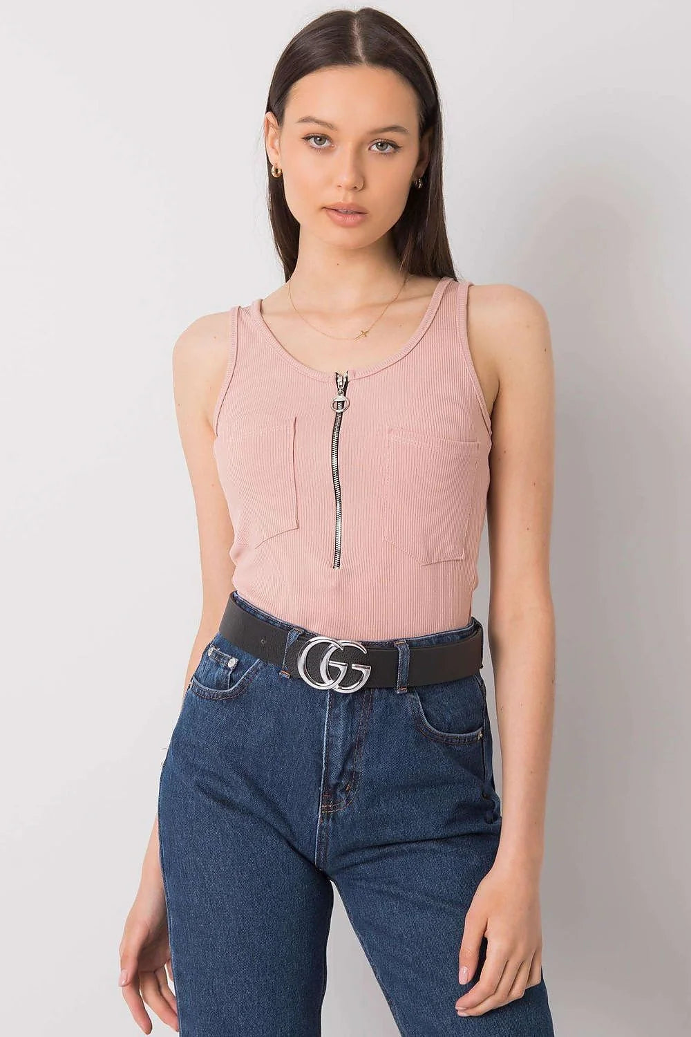 Débardeur femme design moderne épuré col rond ajusté poches plaquées fermeture éclair curseur métal coton mélangé élasthanne 5 polyester 95 rose pâle été mode