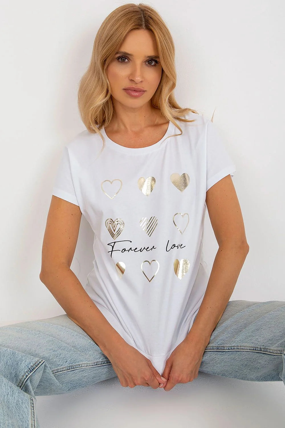 T-shirt femme style décontracté moderne imprimé cœur doré élasthanne coton blanc