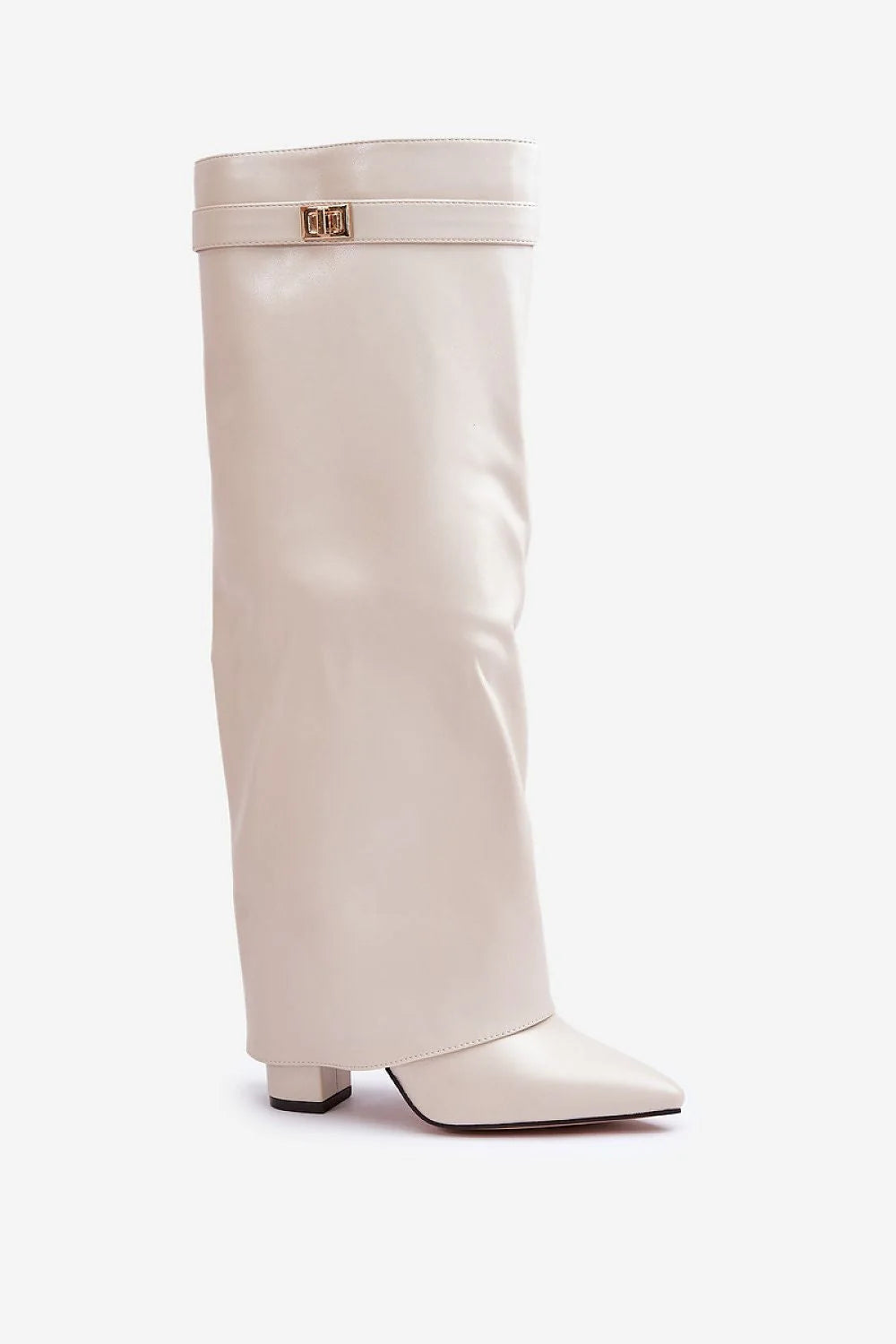 Bottes hautes femme cuir artificiel boucle dorée talon bloc fourrure intérieure automne hiver robe jupe