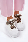 baskets femme blanches cuir similicuir plateforme compensée semelle gomme épaisse bout rond lacets larges organza léopard œillets métalliques bracelet doré